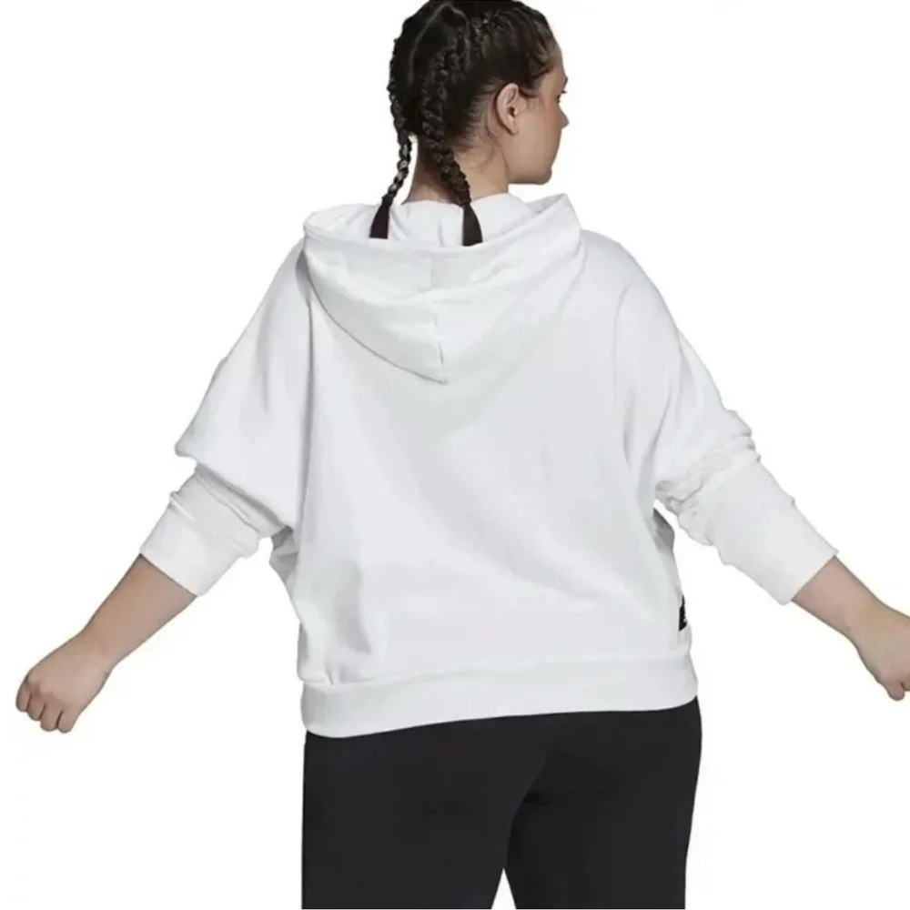 Adidas Womens White Ribbed Drawstring Logo Graphic Long Sleeve Hoodie - Picture 3 of 3